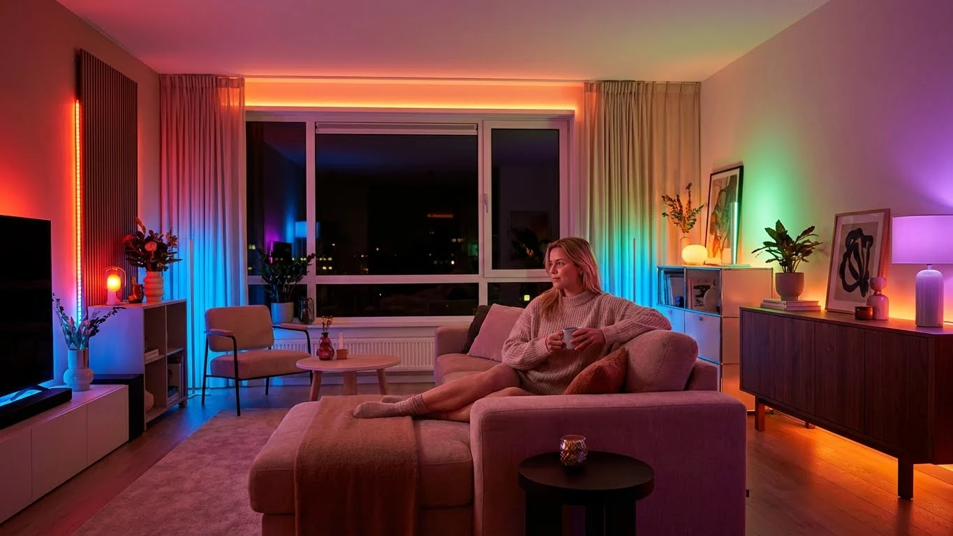 Familie genießt Abendessen mit intelligenter Beleuchtung